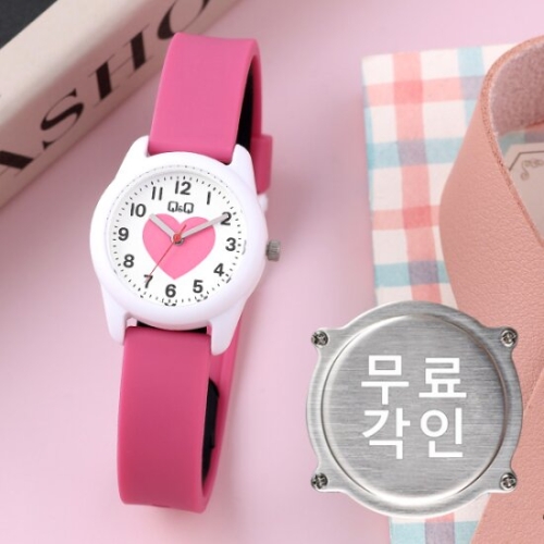 큐앤큐 무료각인 VS65J-004Y 러블리하트 라운드 아날로그 핫핑크
