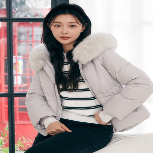 JJ지고트 여성 폭스퍼 후드 스트링 숏 덕다운 점퍼 GPBM2PD921