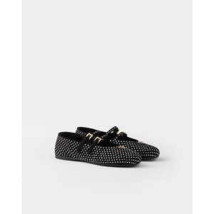 프라다 여성 크리스털 장식 스웨이드 발레리나 플랫 블랙