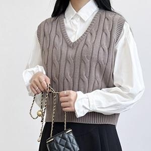 심플 여성 조끼 여자 브이넥 꽈배기 니트_WFFT8VC