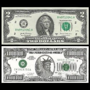 미국 행운의 2달러 + 백만달러 지폐 2종 세트