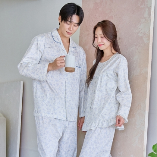 바풀 CA4S13116 커플잠옷 순면 파자마 남성 여성 부부 잠옷 상하 세트 블루
