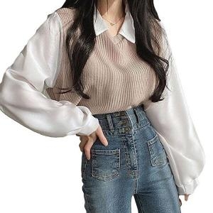 셀러허브 JHQRK8KS_4B 여자 여름긴팔 카라 골지 조끼 블라우스