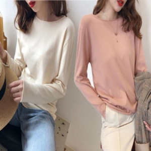 오노마 ONM 여자 니트 데일리 긴팔 무지 립 넥라인 티셔츠 루즈핏 28492725