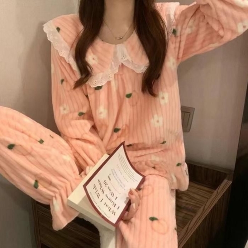 오노마 여성 기모 레이스 복숭아 수면 잠옷 상하세트_LOTOA-20