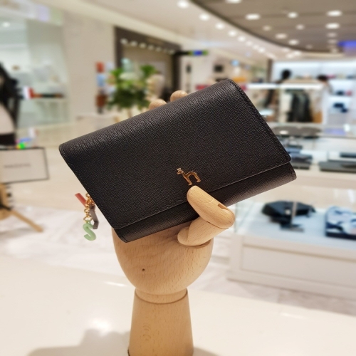 헤지스 여성 골드퍼피 로고 레터링장식 3단 가죽 반지갑 HIWA5E605BK