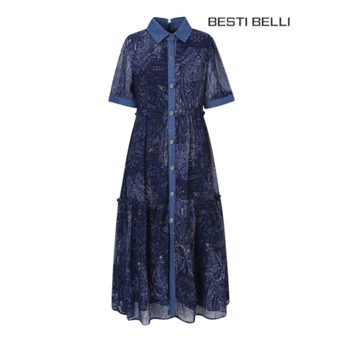 베스띠벨리 데님 트리밍 페이즐리 원피스 네이비프린트 BGOAE2528