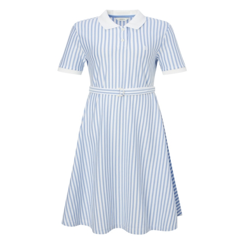 헤지스레이디스 여성 아이코닉 A라인 스트라이프 반팔 피케 원피스 블루_HSDR5BC32B2