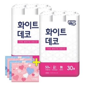리빙 화이트 데코 50m (30롤)*2팩 + 여행용티슈 40매*4팩 세트