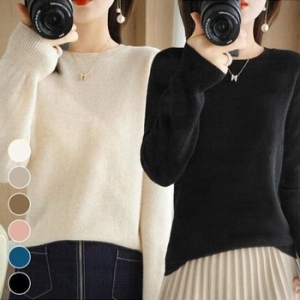 데일리룩 CCT8A8D연분홍 라운드니트 슬림핏 커피색 긴팔티셔츠