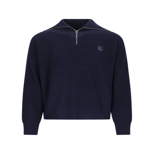 메종키츠네 남성 볼드 폭스 헤드 패치 하프 집업 니트  잉크 블루_LM00807KT1093P476