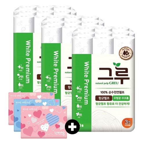 그루 화이트 프리미엄 27m (30롤)*3팩 + 여행용티슈 40매*3팩 세트