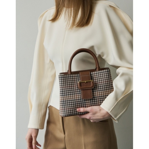브라운 가죽배색 하운드투스체크 토트백_DCBA5E615