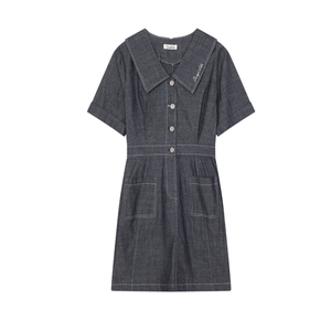 르샵 l1f22dop020빅카라 반팔 뒷밴딩 반팔 숏 데님 원피스