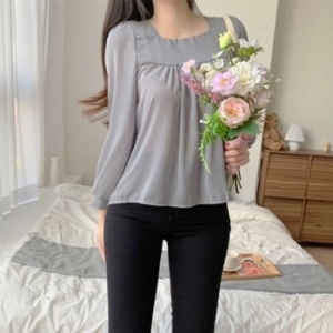 쉬폰 여성 추천 블라우스 긴팔 꾸안꾸 스퀘어넥 봄가 WFH4HZO