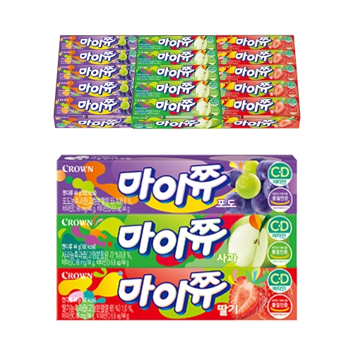 크라운제과  마이쮸 스틱 44g 3종 세트 (딸기 15개+포도 15개+사과 15개)