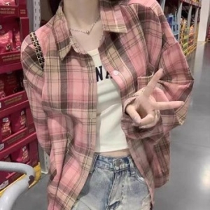 핑크 패션 자켓 봄가을아우터 체크 무늬 WFH6QHV