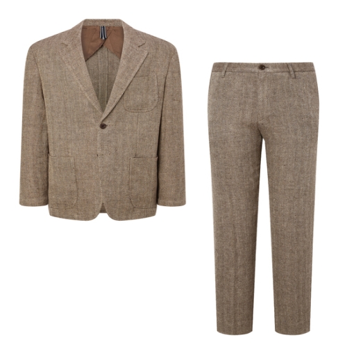 헤지스 남성 브라운 헤링본 자켓&린넨 헤링본 팬츠 셋업_HZJA5B703W2