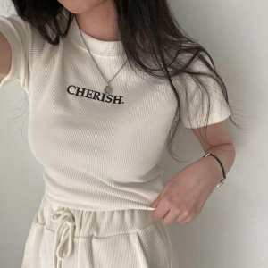 체리쉬 여성 모던 레터링 여름 반팔 크롭 티셔츠 WFH4W4I