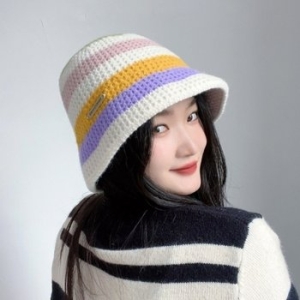 레인보우 화이트 니트 버킷햇 여성용 따뜻한 벙거지모자_20654983