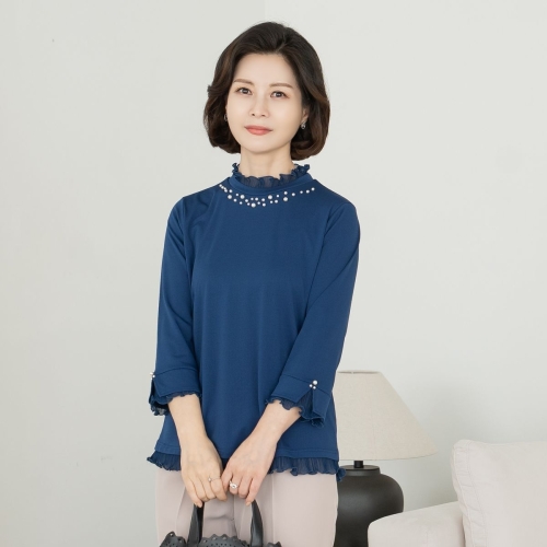 마담4060 엄마옷 진주넥프릴 엄마티셔츠 티셔츠-RTE2503090