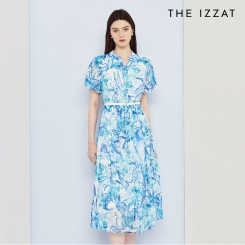 더아이잗 일러스트 슬릿넥 플리츠 원피스 IP6A0OP251 BG30 PRINT BLUE GREEN 77