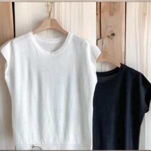 비스코스 CDT8E42여성용 라운드넥 캡소매 스트라이프 니트 티셔츠