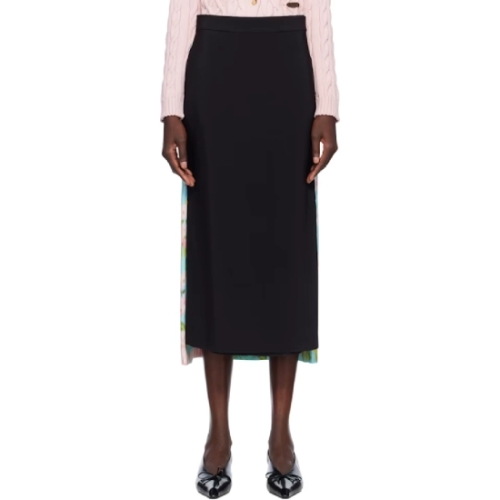 모스키노 여성 블루 블랙 크레이프 새틴 미디 스커트 251720F092002