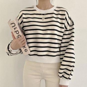 오노마 ONM 러블리 캐주얼 여성 스트라이프 패턴 크롭 티셔츠 32097364