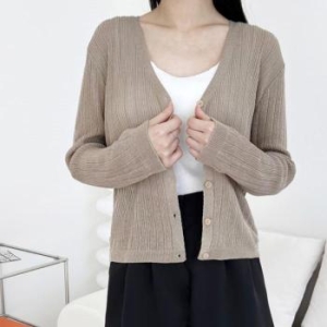 오노마 ONM 환절기 데일리룩 여성 린넨 브이넥 골지 니트 가디건 32097315