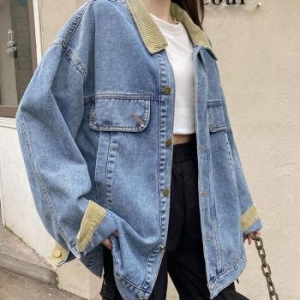오노마 ONM 트렌디 캐주얼 여성 루즈핏 배색 카라넥 데님 자켓 32097350