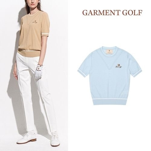 럭스골프 가먼트골프 여성 라운드 골지 디테일 풀오버 반팔 니트 셔츠 GFKPD255