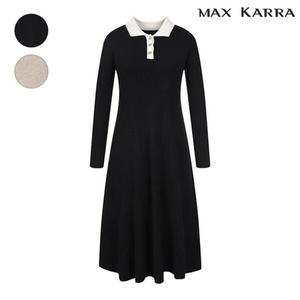 막스카라 오픈 배색 카라 플레어 니트 원피스_M44QKO414ME