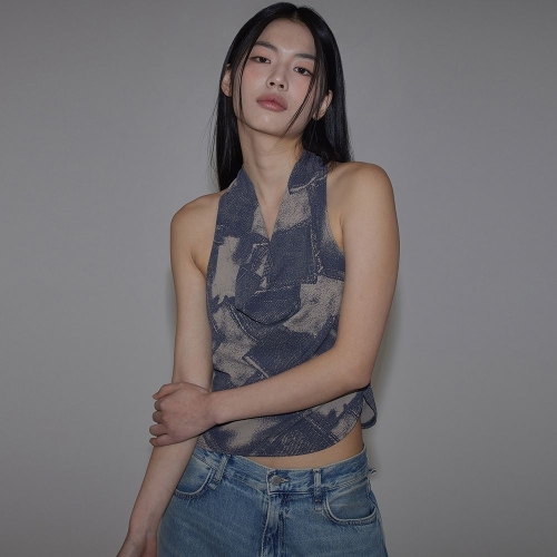 탑걸 여성 데님 프린트 카울넥 홀터 탑 T516TP123 BC