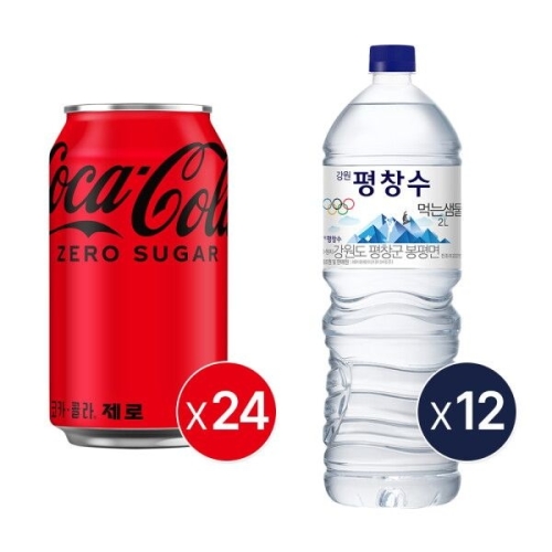 코카콜라음료 코카콜라 제로 350ml x 24개 + 강원평창수 무라벨 2L x 12개