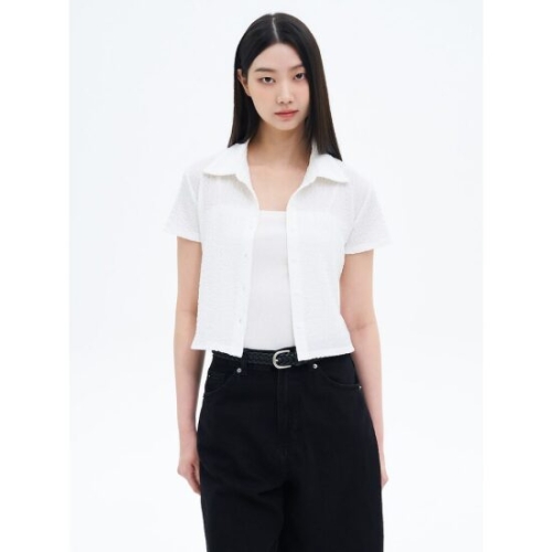 에잇세컨즈 355442LYE1 주름지 반소매 셔츠형 카디건 화이트