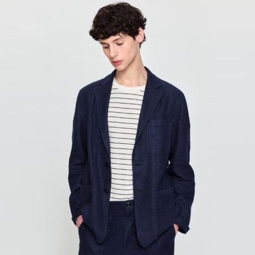 헤지스 남성 네이비 린넨 다잉 셋업 자켓_HZJA5B706N1