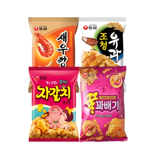 농심  새우깡 4개 + 조청유과 4개 + 꿀꽈배기 4개 + 자갈치 4개