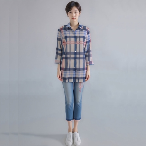 모라도 24년 봄 여름 중년 여성 체크 깔깔이 스탠 블라우스RNM8BL496F-CC