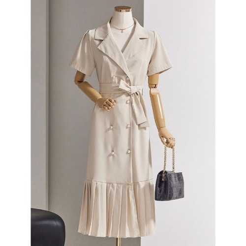 커스텀에이블 여성 진주 더블버튼 밑단 주름 원피스 T2505OP609B