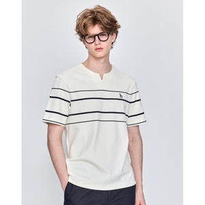 헤지스 남성 에어리 트윌 크림 슬릿넥 컬러블럭 반팔 티셔츠_HZTS5B547CR