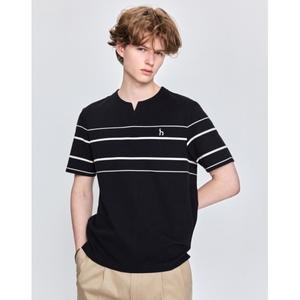 헤지스 에어리 트윌 블랙 슬릿넥 컬러블럭 반팔 티셔츠_HZTS5B547BK 1673108