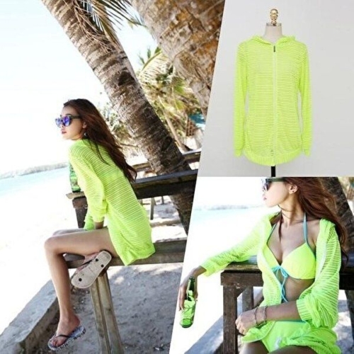 셀러허브  JHP8PQT5_53DR 네온 비치룩 스트라이프 후드 커버업 집업