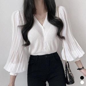 셀러허브 패션 JHP29RTU_51IB 브이넥 나들이 골지 블라우스 퍼프셔링