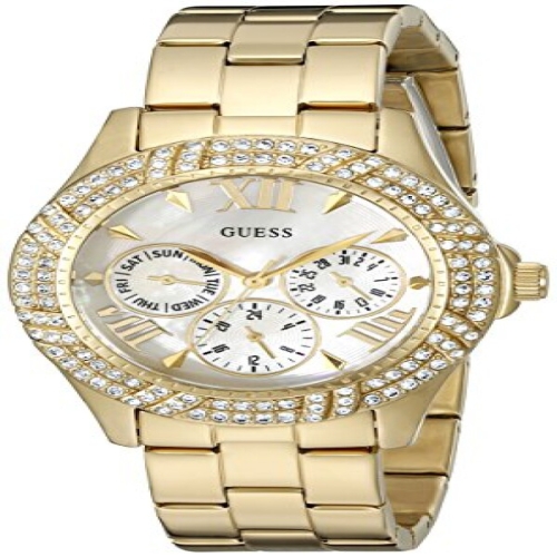게스 Womens U0632L2 Sporty Gold-Tone with MOP Dial Crystal-Accented Bezel..
