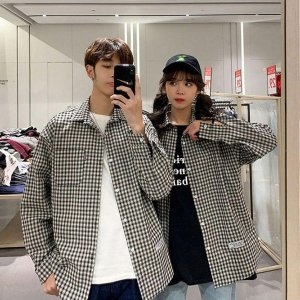 데일리룩 남여공용 남방 체크 코디 오버핏 셔츠 WFI0VM3