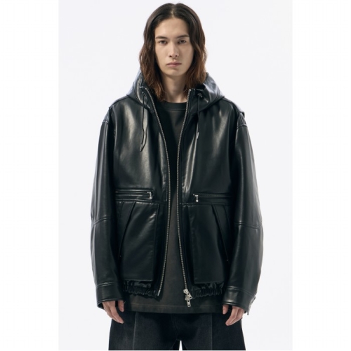 커스텀멜로우 남성 블랙 페이크 레더 후드 봄버_CWUAA24513BKX