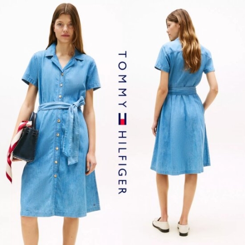 타미힐피거 XW05230-8KB 여자 벨티드 경량 샴브레이 미디 원피스 드레스