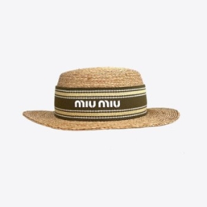 미우미우 여성 로고 라피아 버킷햇_5HC117 2CQU F0D9G