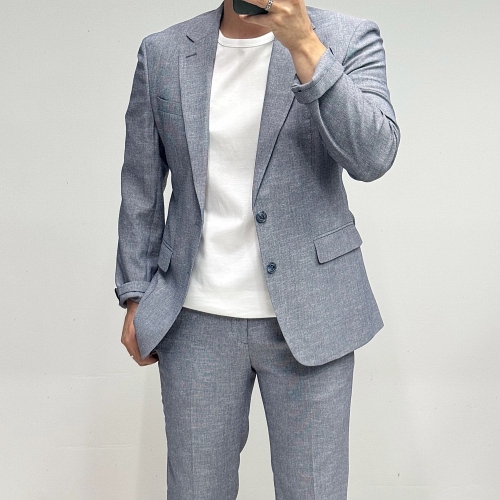 바쏘옴므 쿨맥스 멜란지 블루 슬림핏 남성 여름 스판 정장 셋업수트 Z2KJ76KP76